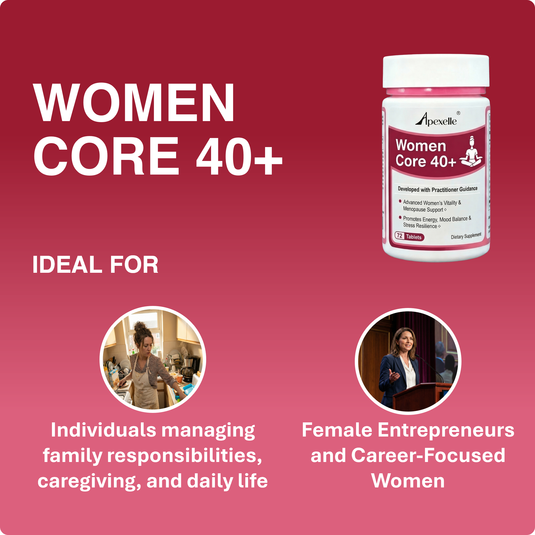 Women Core 40+, optimization for women’s vitality, energy, resilience, and healthy aging with functional nutrients and botanical herbs